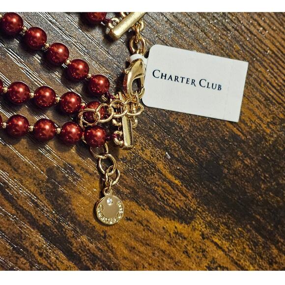 Charter Club Red Imitation Pearl Three-Row Collar Necklace ~ Statement Office - Picture 5 of 6
